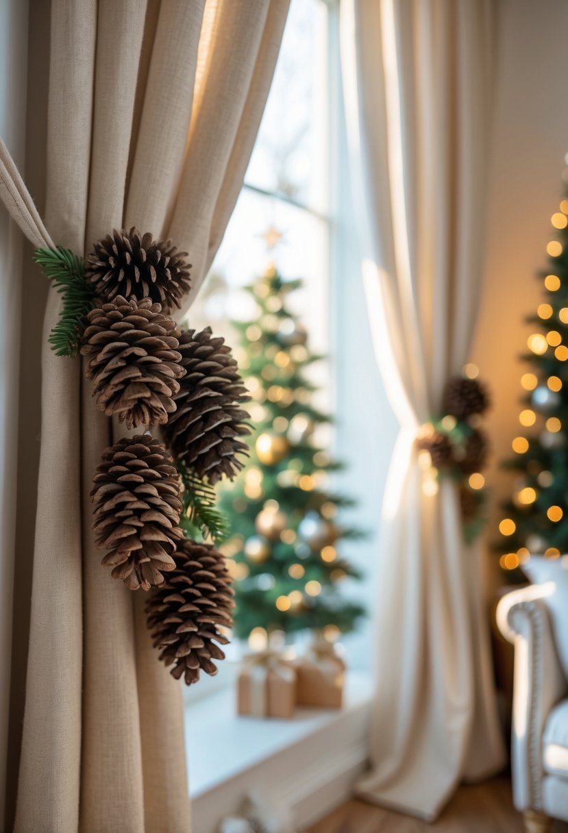 A living room with curtains tied back using pinecone clusters as decorations, with Christmas decorations visible in the background.