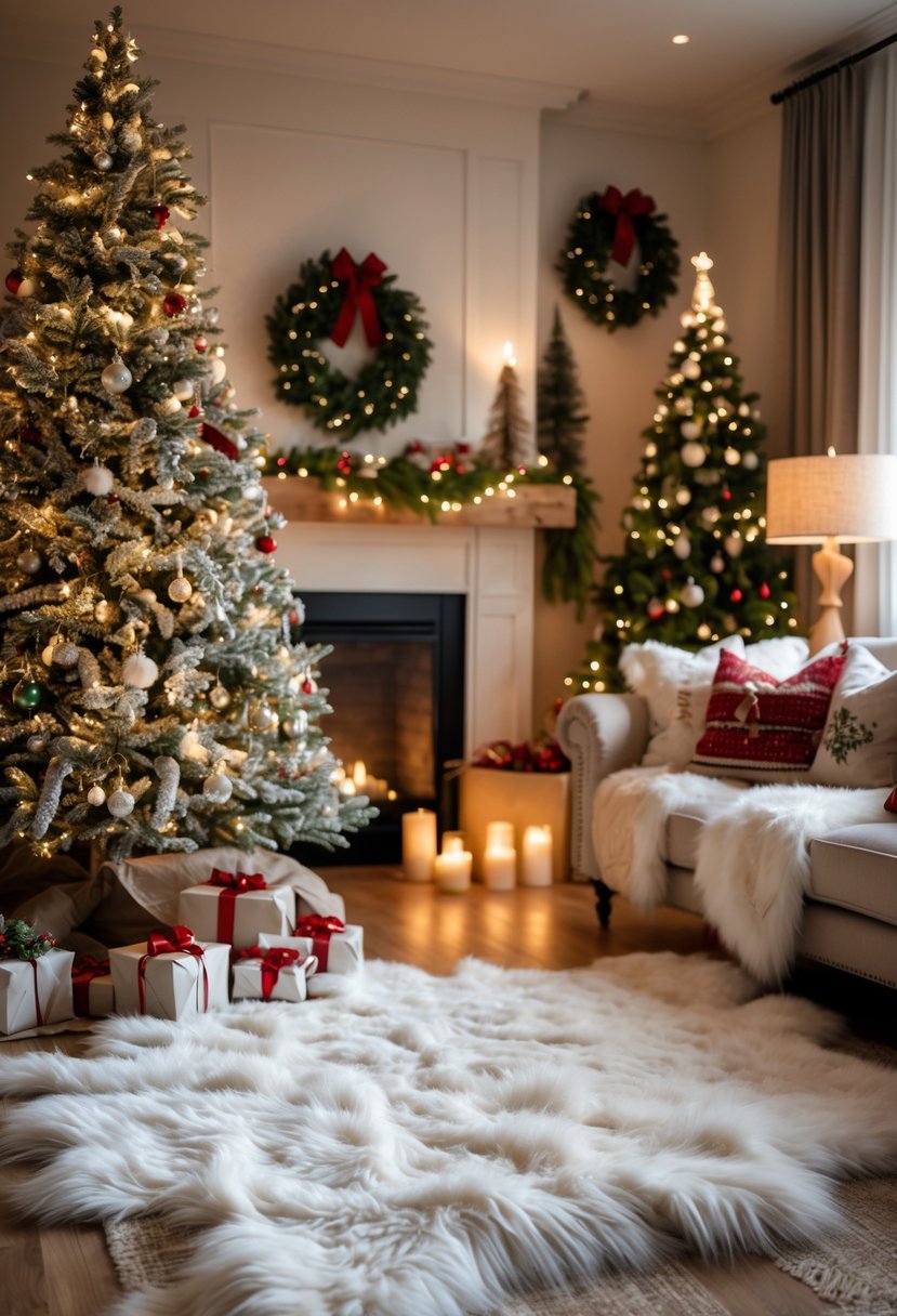 Living room decorated for Christmas with white faux fur rugs, a Christmas tree, cozy sofas, and festive decorations.