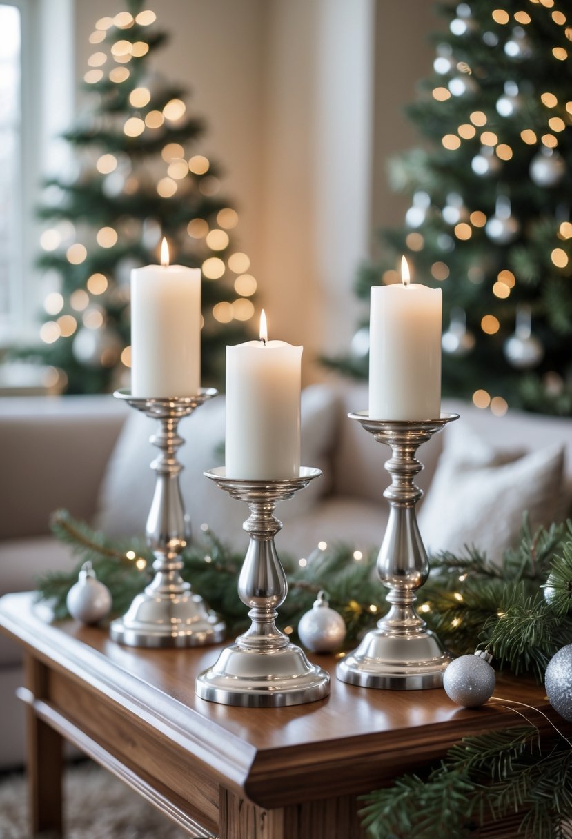 Pairs of silver and white candleholders with white candles arranged on a table with Christmas decorations in a living room.