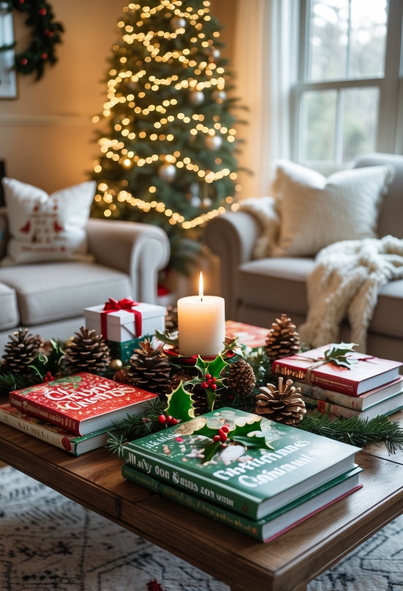 A coffee table in a living room displaying Christmas-themed books and magazines surrounded by holiday decorations like pine cones, candles, and evergreen branches.