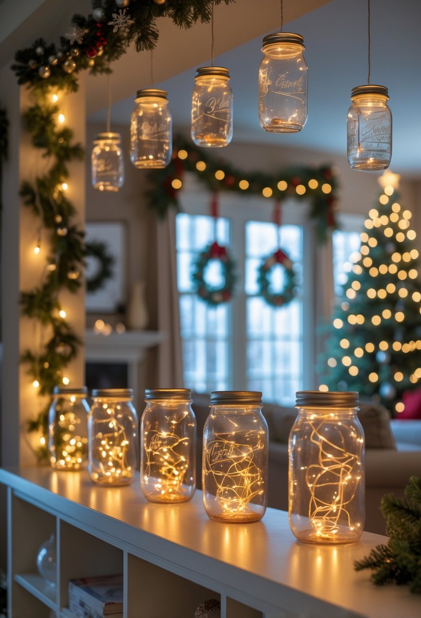 Living room decorated for Christmas with clear glass jars hanging or placed on shelves, each containing glowing string lights that create soft lighting.