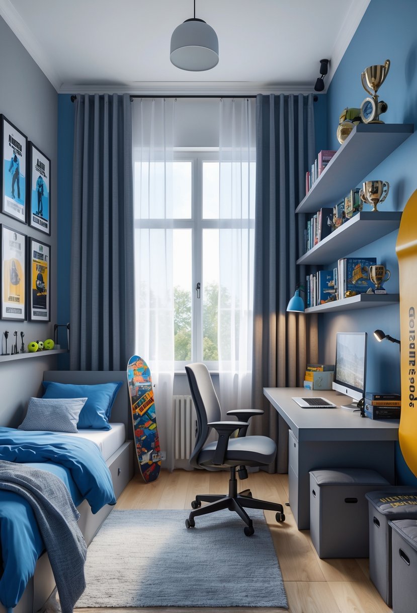 A tidy teenage boy's bedroom with a bed, desk, shelves, and sports decorations.