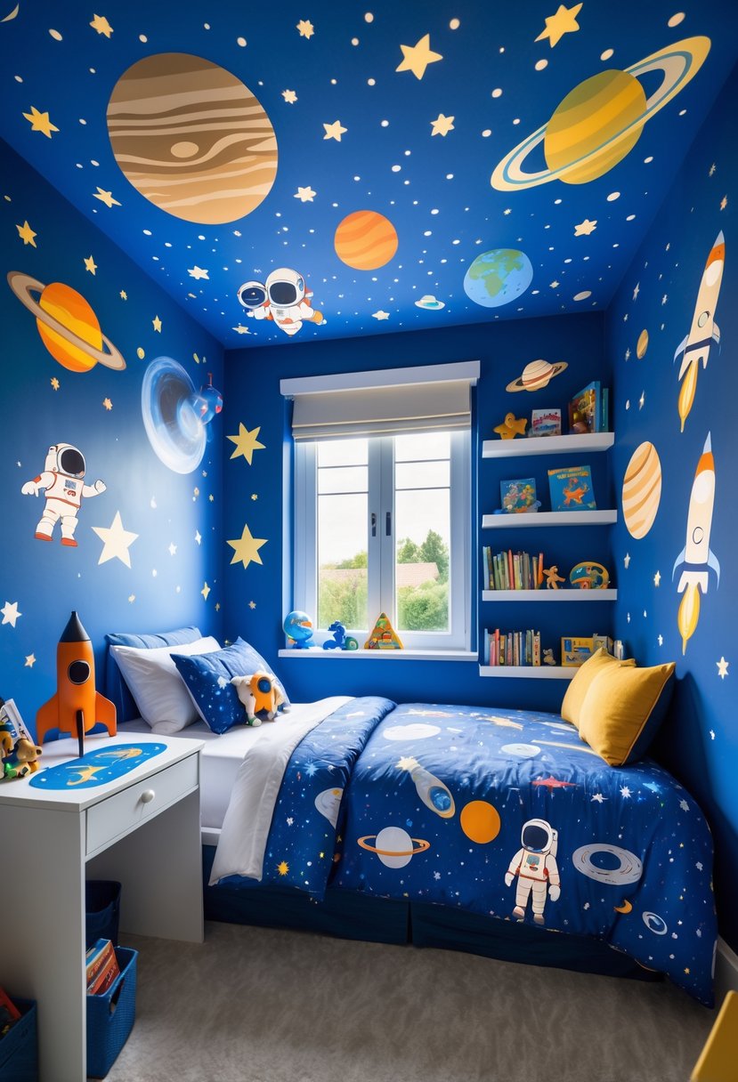 A boys' bedroom decorated with space-themed wall decals including planets and rockets, with a bed, desk, and shelves filled with space-related items.