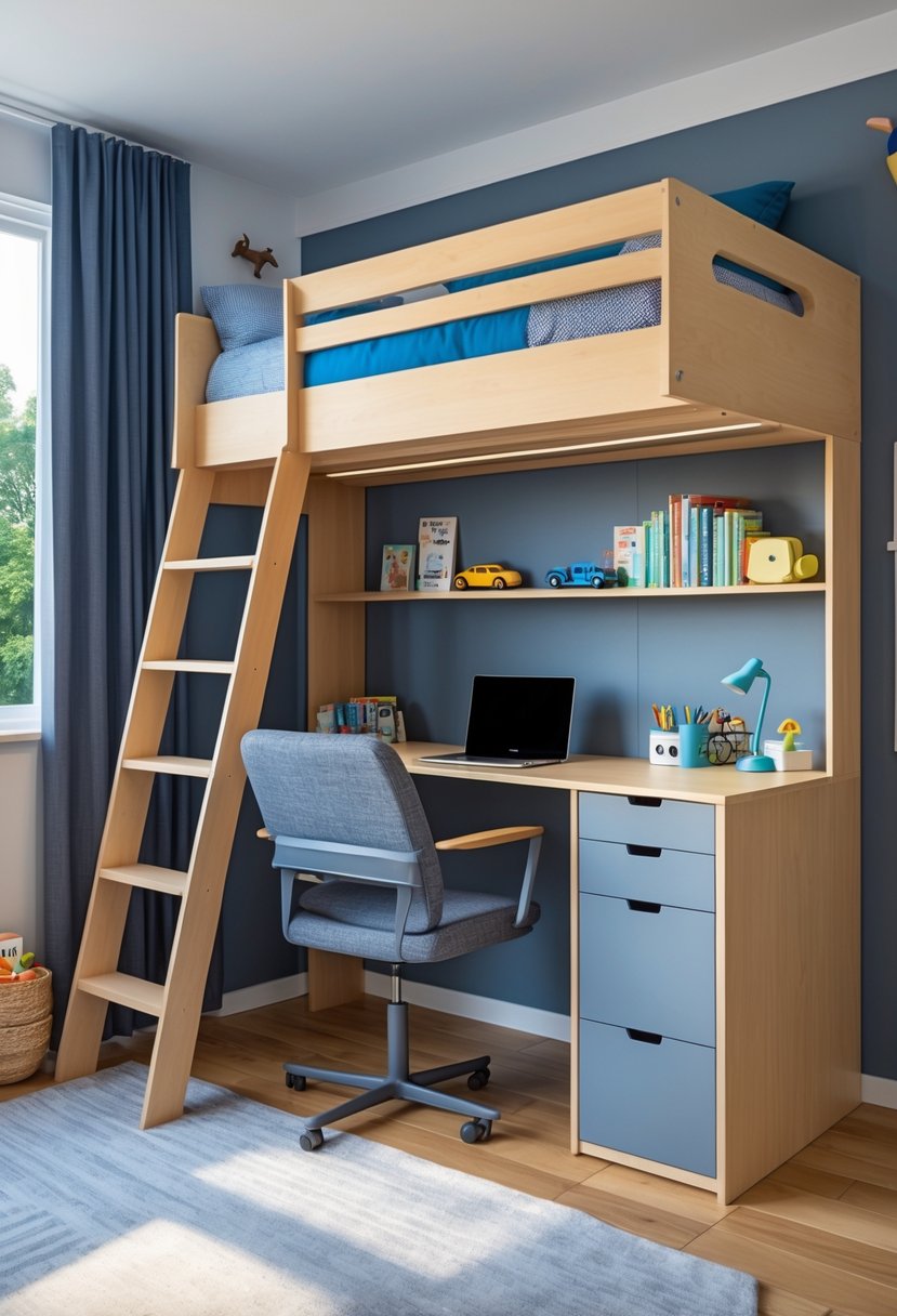 A boys' bedroom with a loft bed and a built-in desk underneath, featuring a chair, books, and a laptop in a bright, organized space.