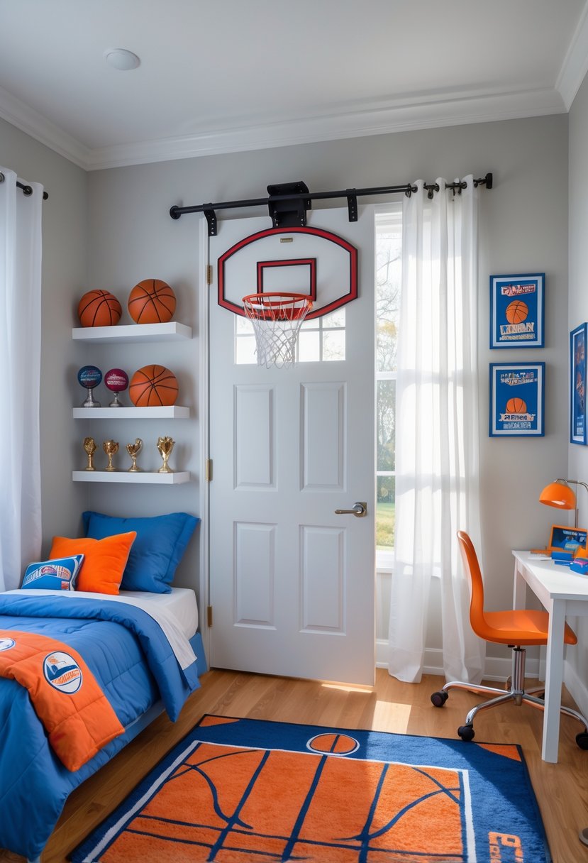 A boys' bedroom with a basketball hoop attached to the back of the door, a bed with blue and orange bedding, sports decorations, and natural light coming through a window.