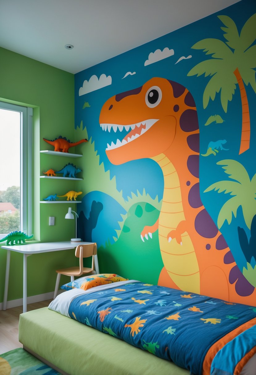 A boys' bedroom with a large dinosaur mural on the wall, a bed with dinosaur bedding, toys on shelves, and natural light coming through a window.