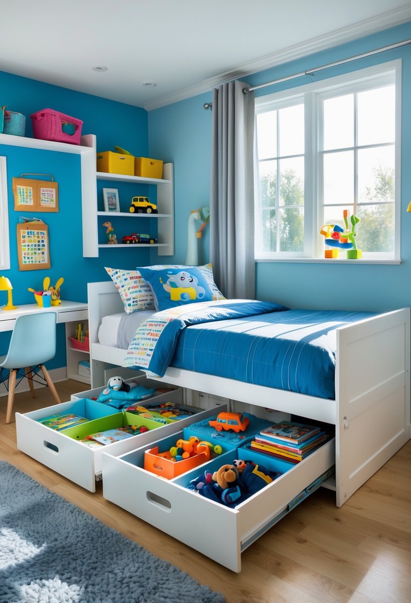 A boys' bedroom with a bed that has open under-bed storage drawers filled with toys and clothes, along with shelves, a desk, and a window letting in natural light.