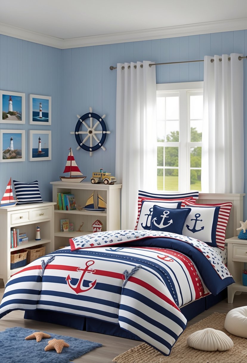 A boys' bedroom with nautical-themed bedding, wooden furniture, ocean-themed decorations, and natural light coming through a window.
