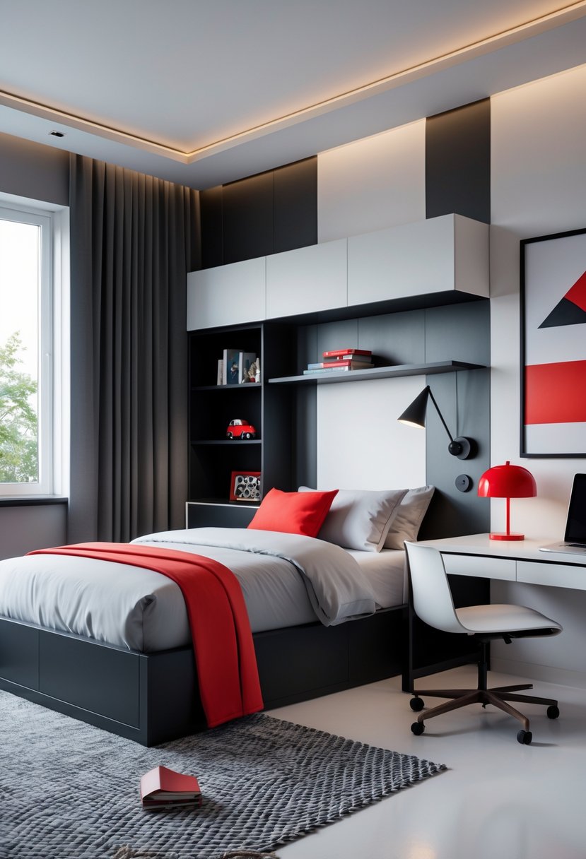 A bright boys' bedroom with a bed, desk, shelves, and red accents in a clean, organized space.