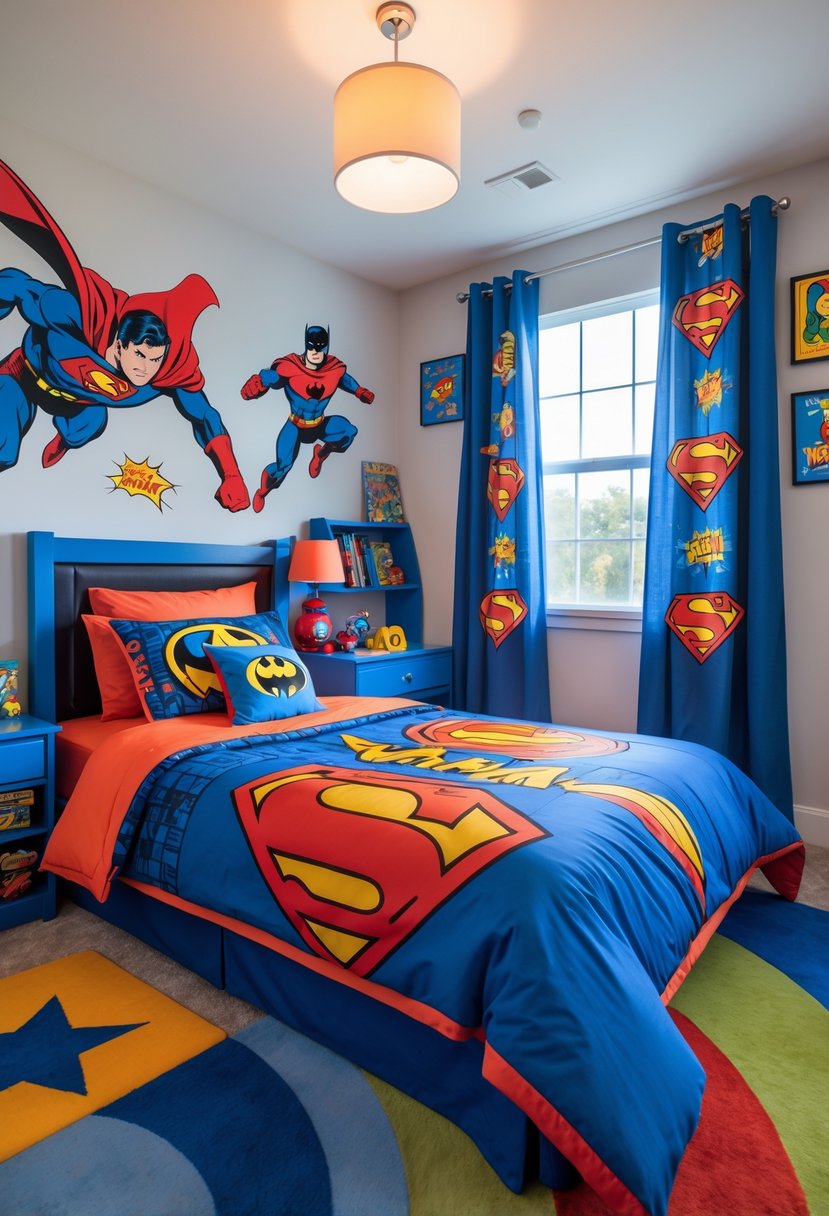 A boys' bedroom with superhero-themed bedding, colorful superhero wall decals, a bookshelf with comic books and toys, and a desk with a themed lamp.