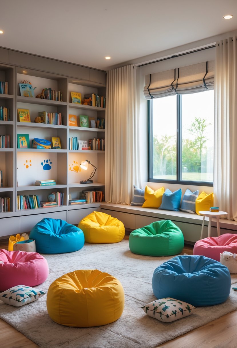 A boys' bedroom with a reading nook containing colorful bean bags, bookshelves, and natural light from a window.