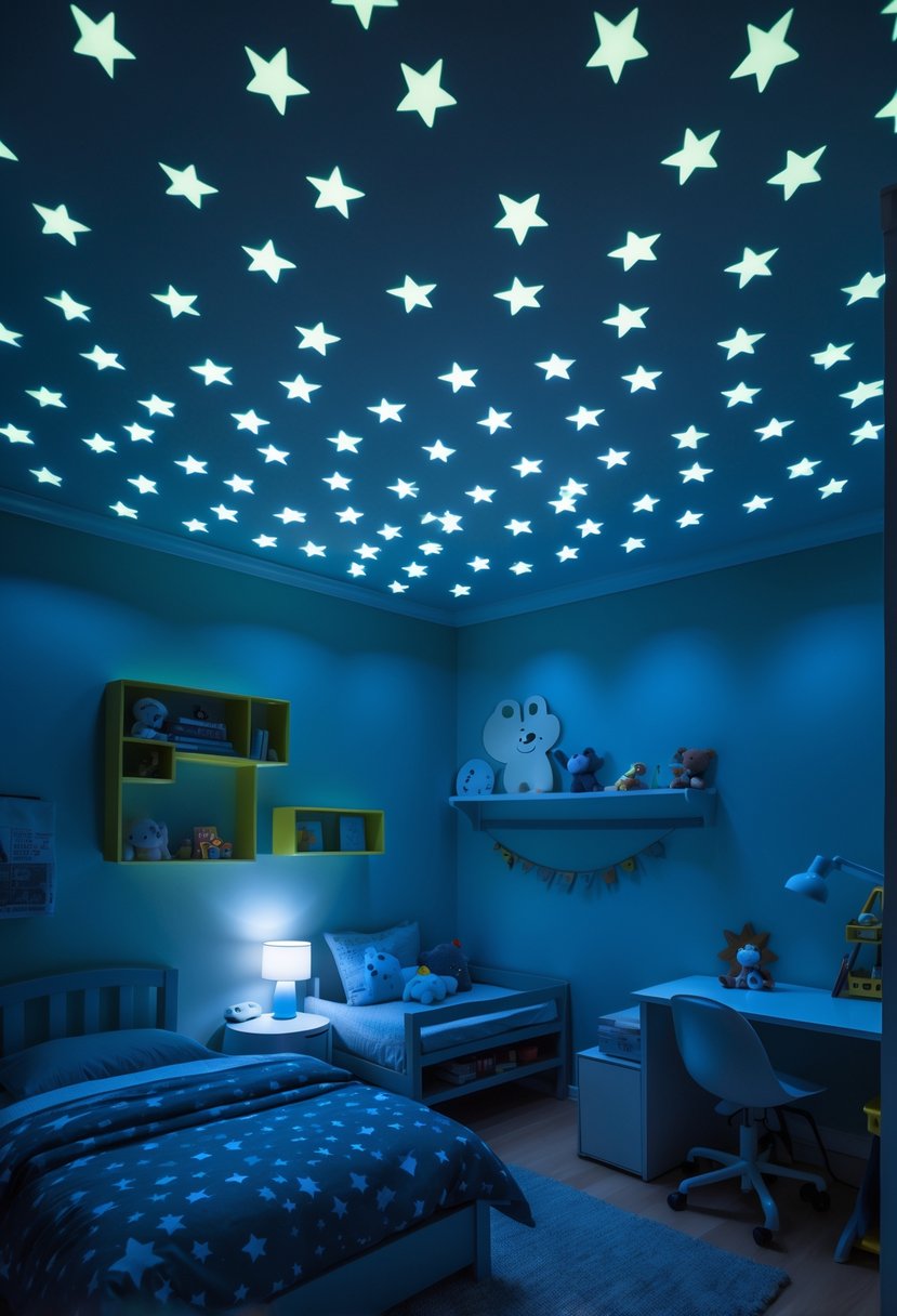 A boys' bedroom at night with glow-in-the-dark star stickers glowing on the ceiling above a bed and desk.