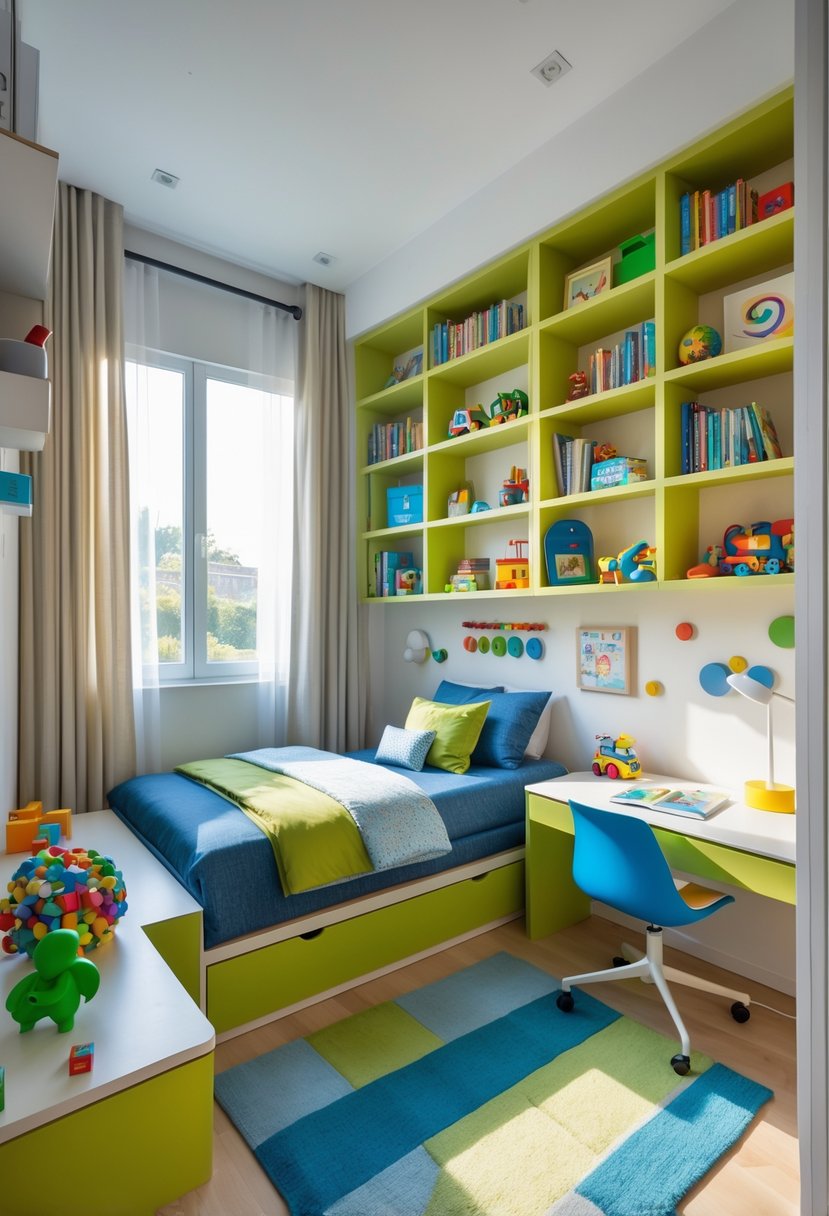 A boys' bedroom with wall-mounted bookshelves filled with books and toys, a bed, desk, and window letting in natural light.