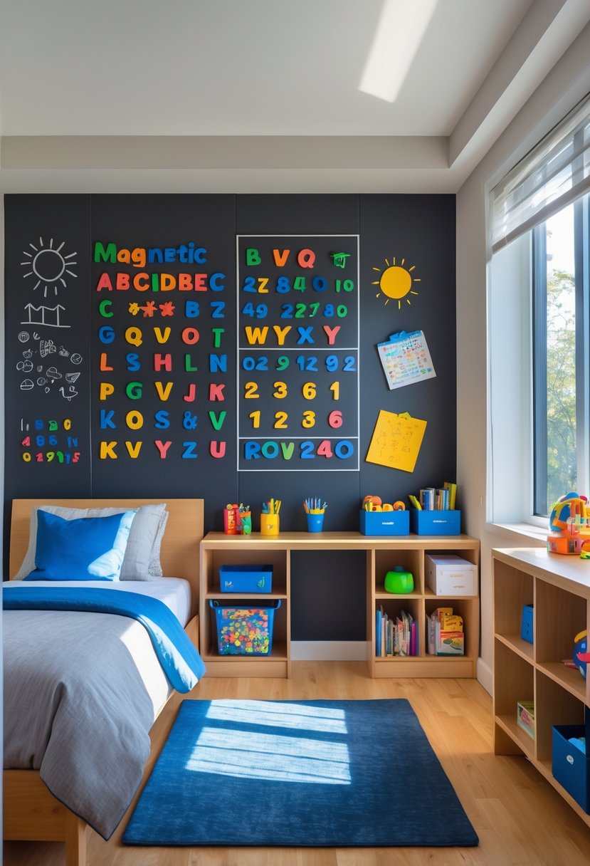 A boys' bedroom with a large magnetic chalkboard wall panel filled with colorful magnets and drawings, a bed, desk, and shelves with toys and books.
