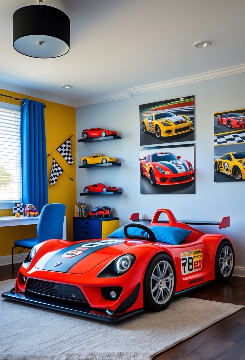 A boys' bedroom with a red race car shaped bed surrounded by racing-themed decorations and toys.