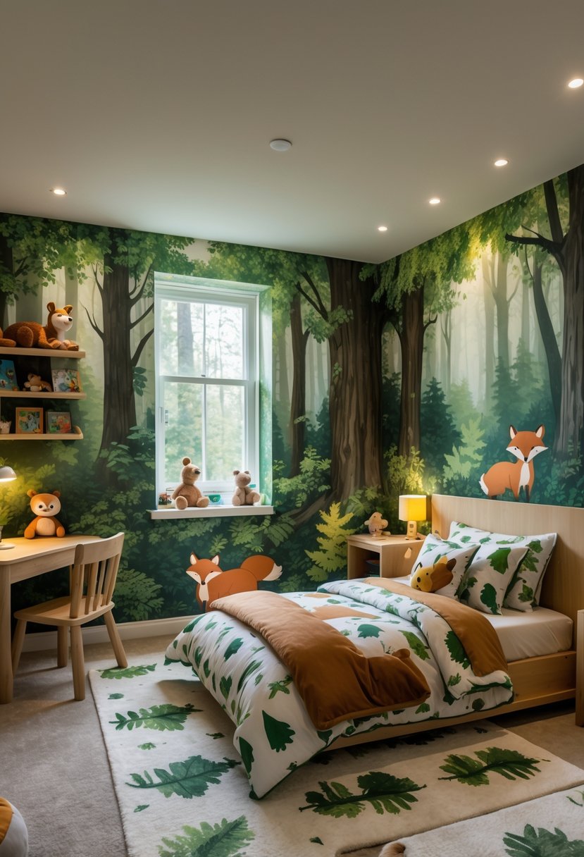 A boys' bedroom decorated with forest animal wallpaper, a bed with animal-themed bedding, wooden furniture, and plush animal toys.
