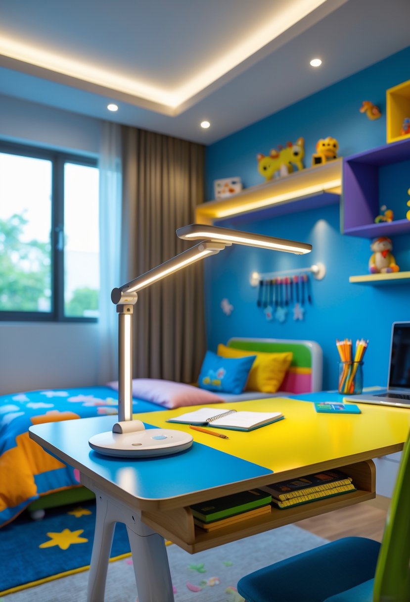 A boys' bedroom with an adjustable LED desk lamp on a study desk surrounded by books, toys, and colorful bedding.