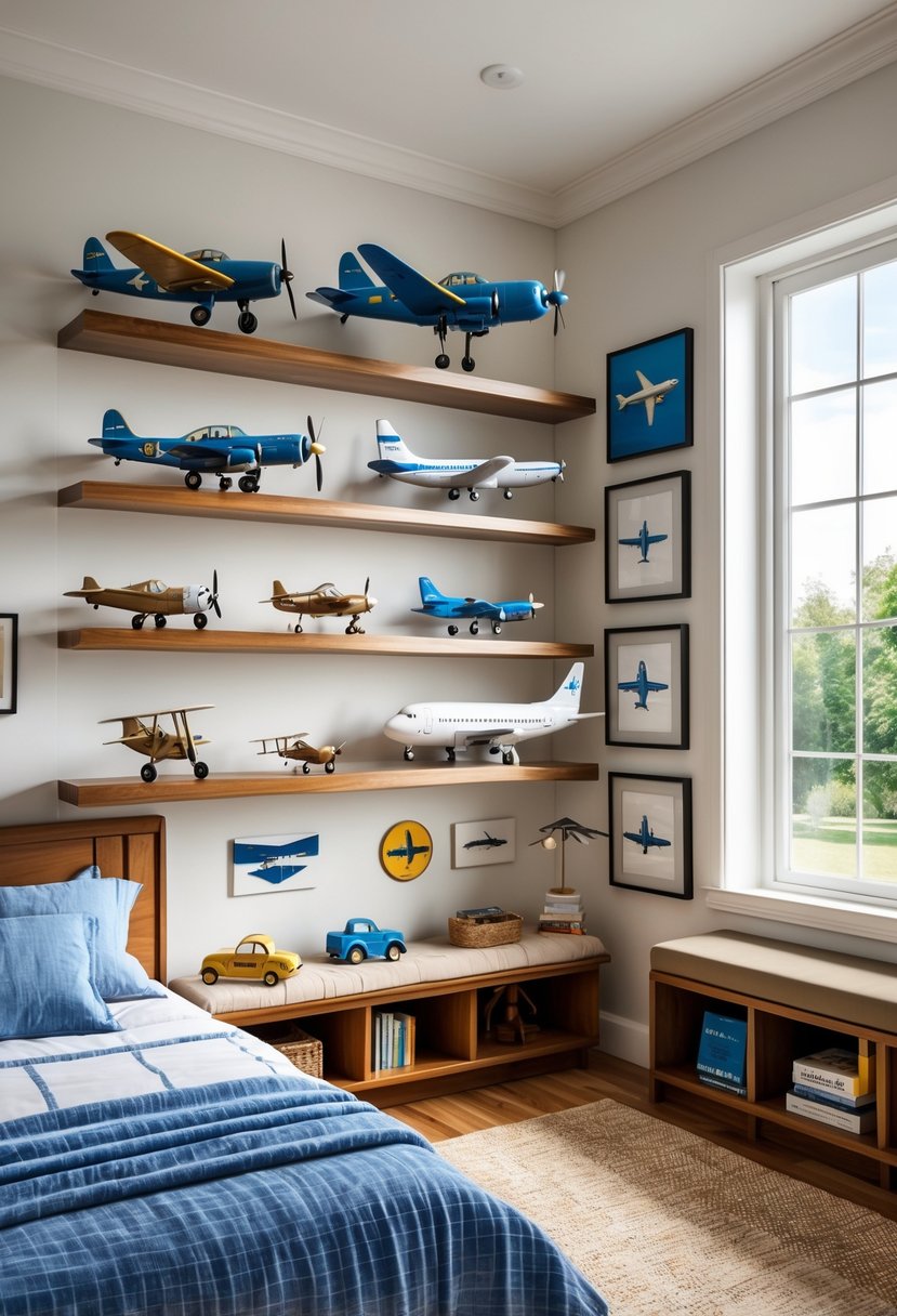 A boys' bedroom with vintage airplane models displayed on shelves and aviation-themed decorations.