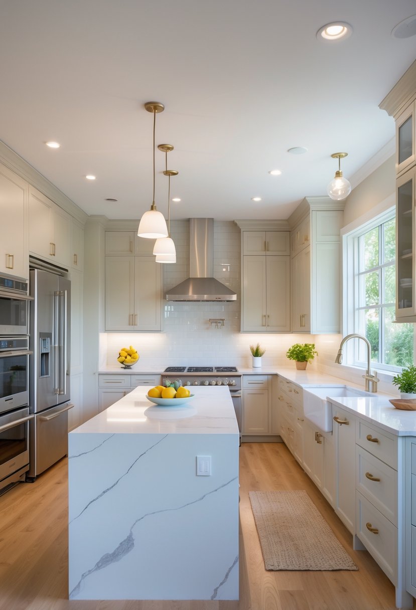 A bright, modern kitchen with a large marble island, pastel cabinets, stainless steel appliances, wooden floors, and a cozy breakfast nook.