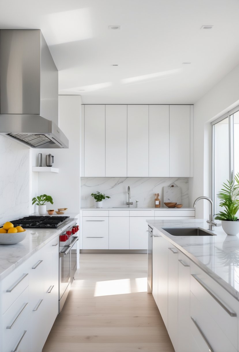 A bright kitchen with white cabinets, marble countertops, a large island, and stainless steel appliances.