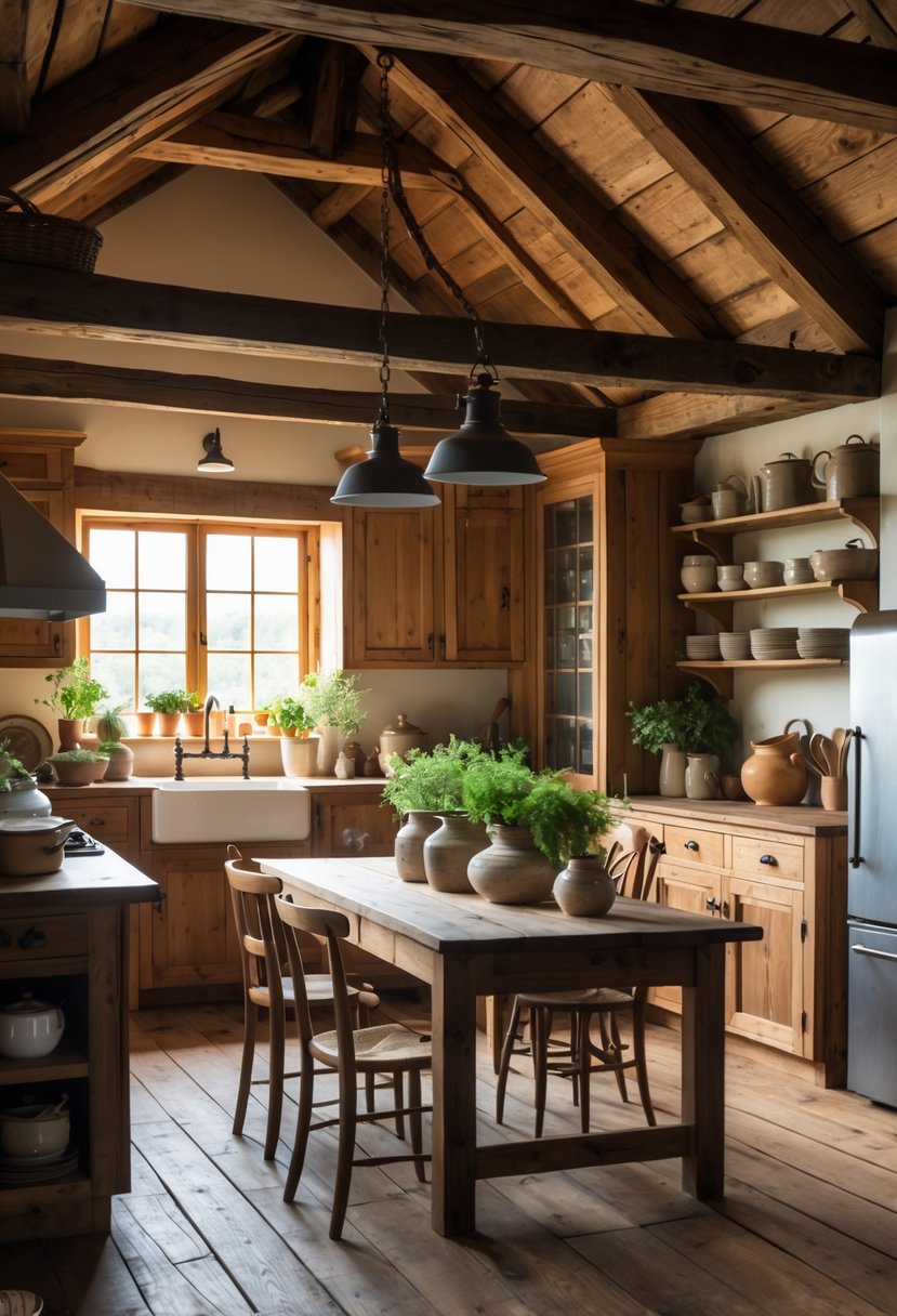 A kitchen with wooden beams, vintage appliances, wooden cabinets, and a wooden dining table with chairs.