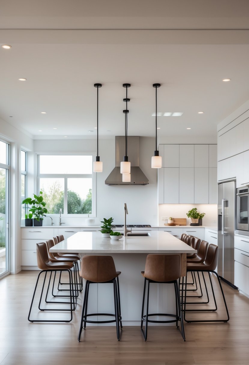 An open-plan kitchen with a central island and bar stools, featuring modern cabinets and large windows.