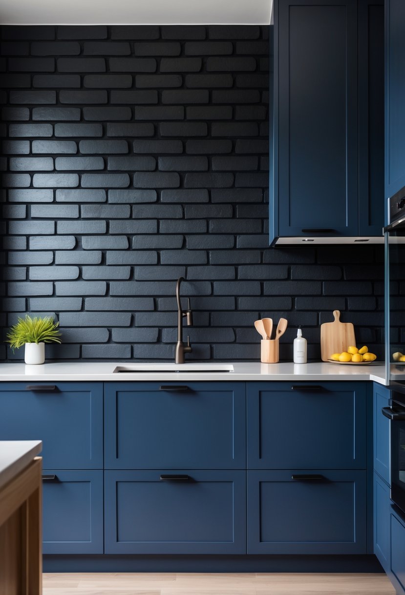 A kitchen with a black brick wall and navy blue cabinets, light wood flooring, and a countertop with a small plant and kitchen utensils.