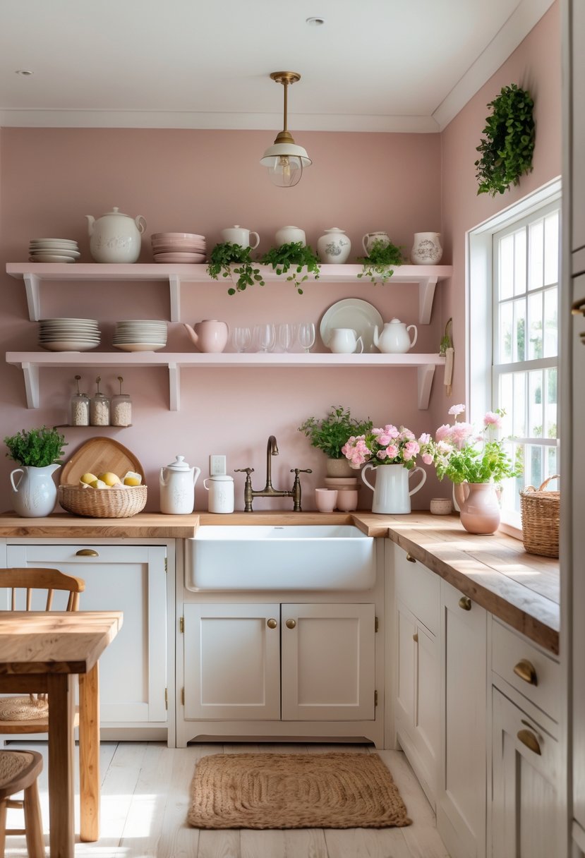A cozy kitchen with pastel pink walls, open shelves with dishes and plants, wooden countertops, and a small dining table.