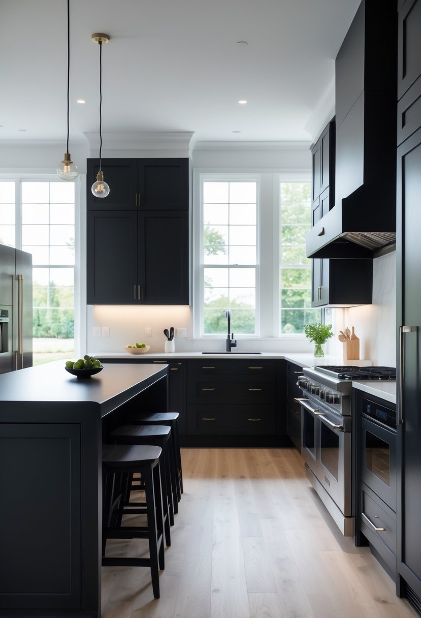 A modern kitchen with black cabinets, stainless steel appliances, a kitchen island, and wooden flooring.