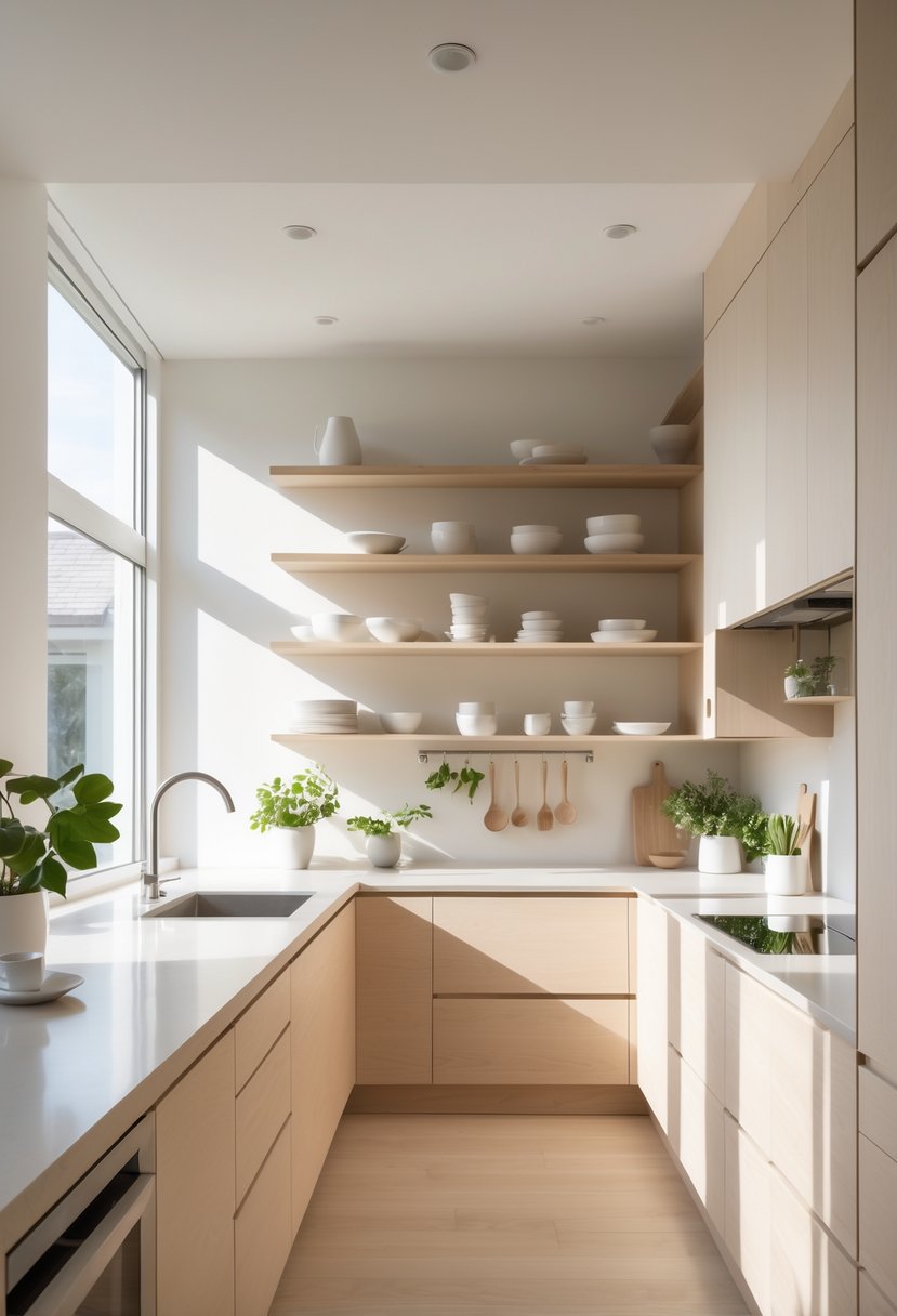 A bright kitchen with light wood cabinets, clean countertops, built-in appliances, and natural light coming through large windows.