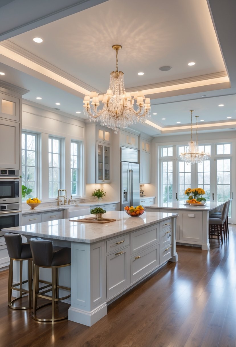 Spacious kitchen with two large islands, chandelier lighting, and modern appliances.