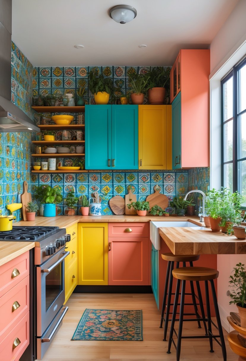 A bright kitchen with colorful cabinets, patterned tiled backsplash, wooden island, and stainless steel appliances.