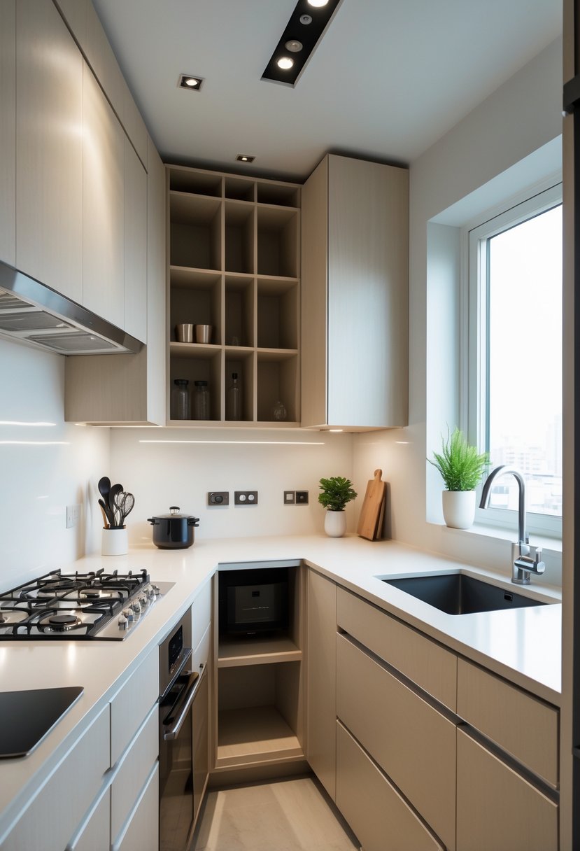 Compact U-shaped kitchen with smart storage solutions, including pull-out shelves and corner carousels, featuring clean countertops and built-in appliances.