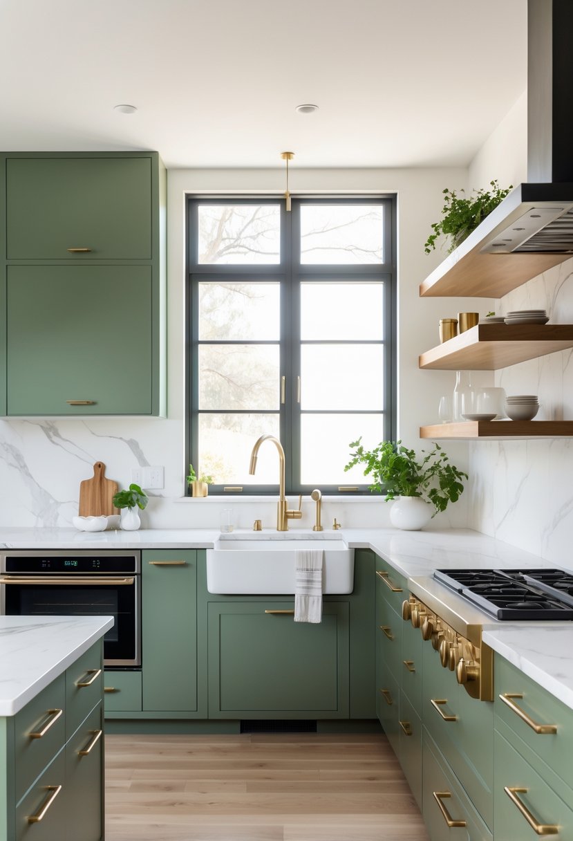 A modern kitchen with green cabinets, brass fixtures, white marble countertops, and natural light.