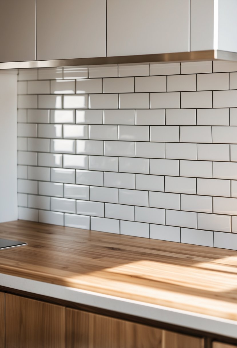 A kitchen countertop with white tiled backsplash and wooden surfaces under natural light.