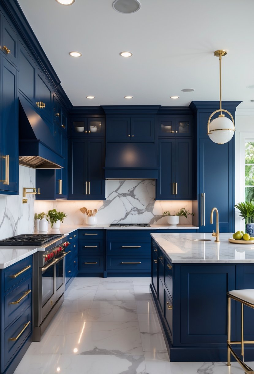 A modern kitchen with navy blue cabinets, gold handles, and white marble countertops and backsplash.