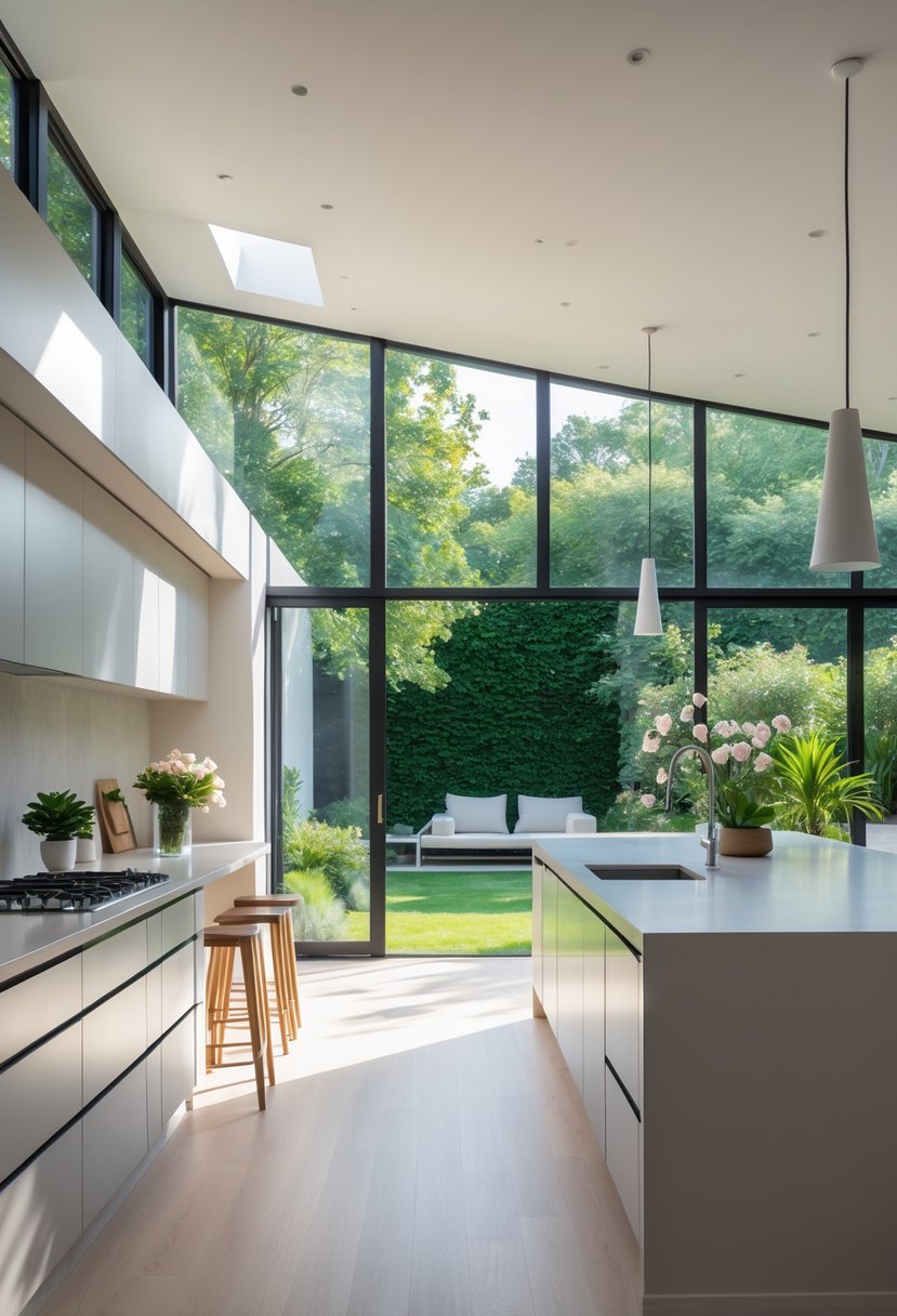 A bright kitchen with large windows overlooking a green garden.