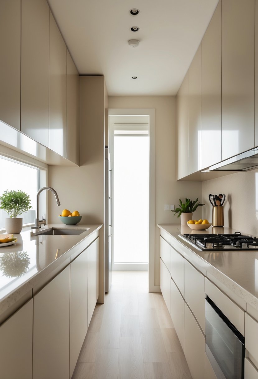 A kitchen with beige cabinets, quartz countertops, stainless steel appliances, and a few decorative items on the counters.