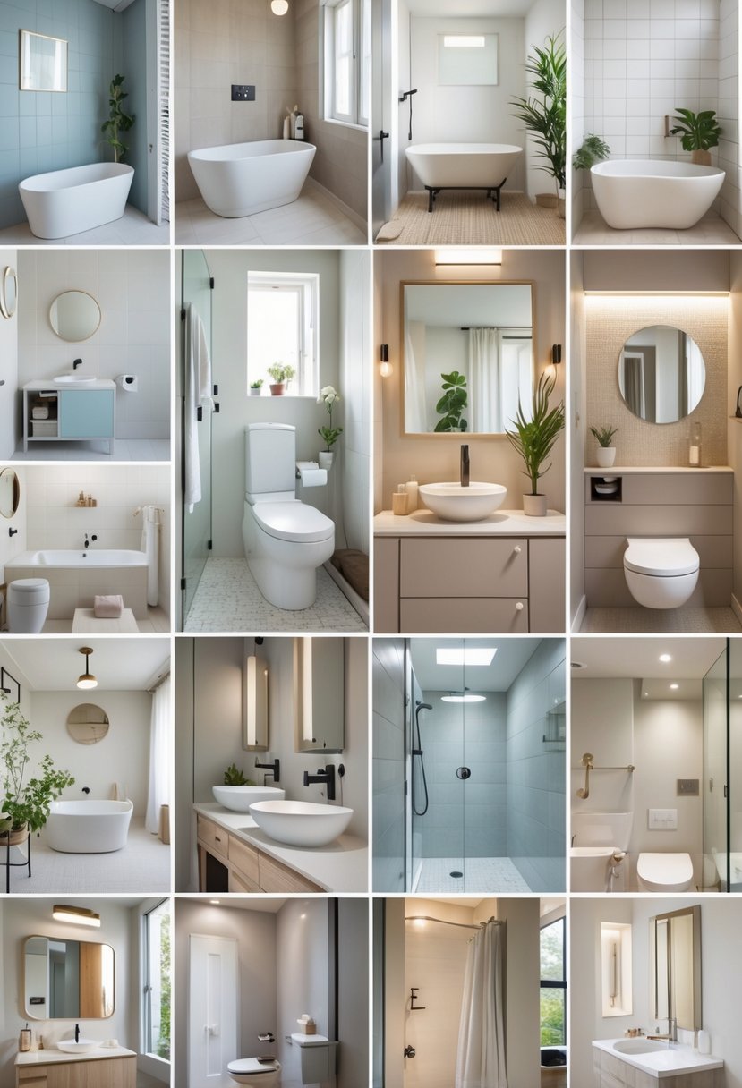 v2 11kk75 fiw6n Grid of 13 small full bathrooms showing different layouts with bathtubs, toilets, sinks, and storage solutions.