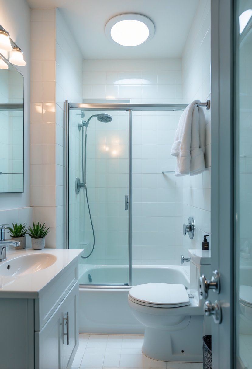 v2 11kk7l cb3t4 Small bathroom with a tub-shower combo, white tiles, a vanity with a mirror, and minimal decor.