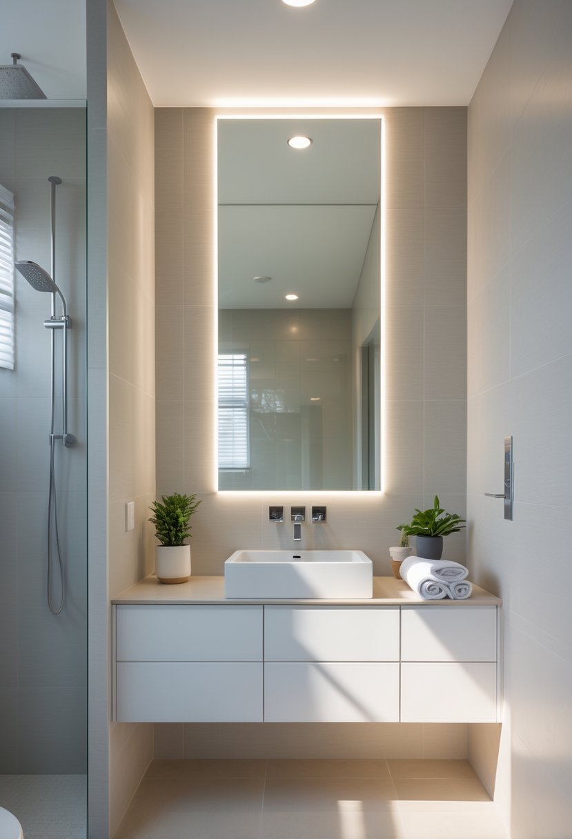 v2 11kk80 q87tl A small bathroom with a floating vanity, a wall-mounted sink, a large mirror, and light-colored tiles creating an open and bright space.
