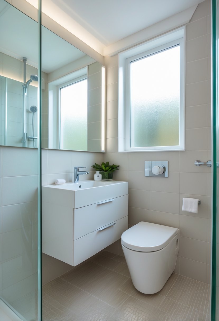 v2 11kk8f zd90w A small bathroom with a large mirror, white vanity, glass shower, and natural light creating an open feel.