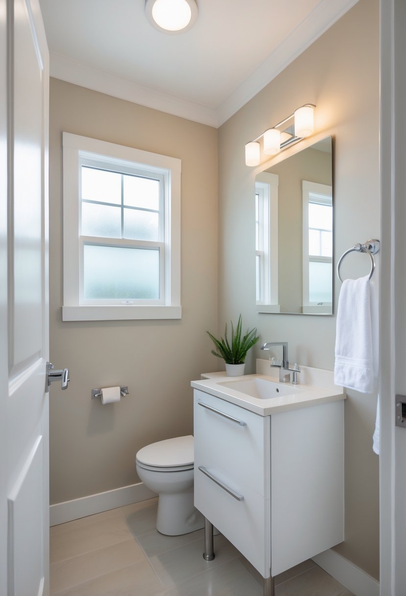 v2 11kk8v 3ql2s A small bathroom with light neutral walls, a white vanity, a mirror, a frosted window, and a small green plant.