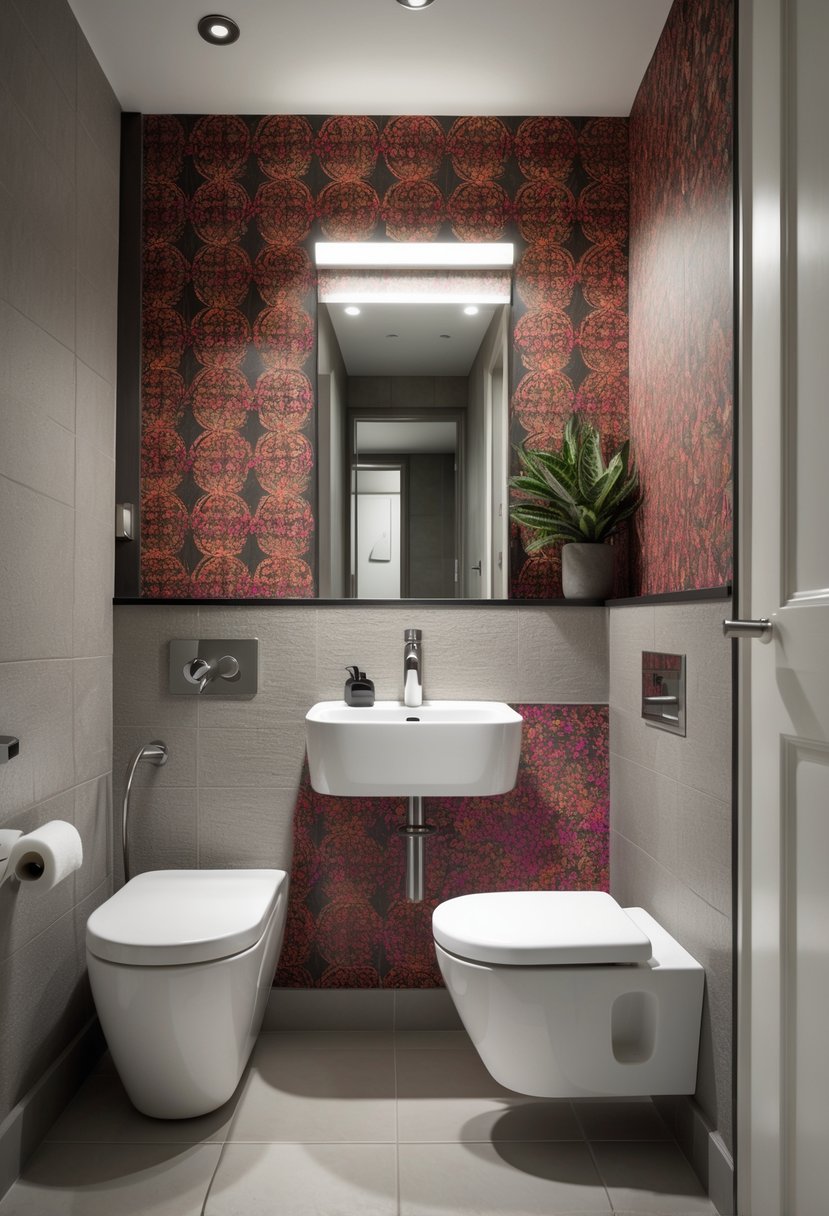 v2 11kk9b ikrqz A small bathroom with a sink, mirror, toilet, and bold patterned wallpaper on one wall.