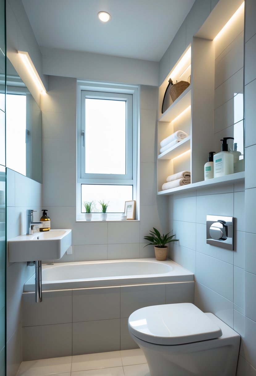 v2 11kk9t Small full bathroom with recessed shelves holding toiletries and towels, a bathtub, sink, and toilet.
