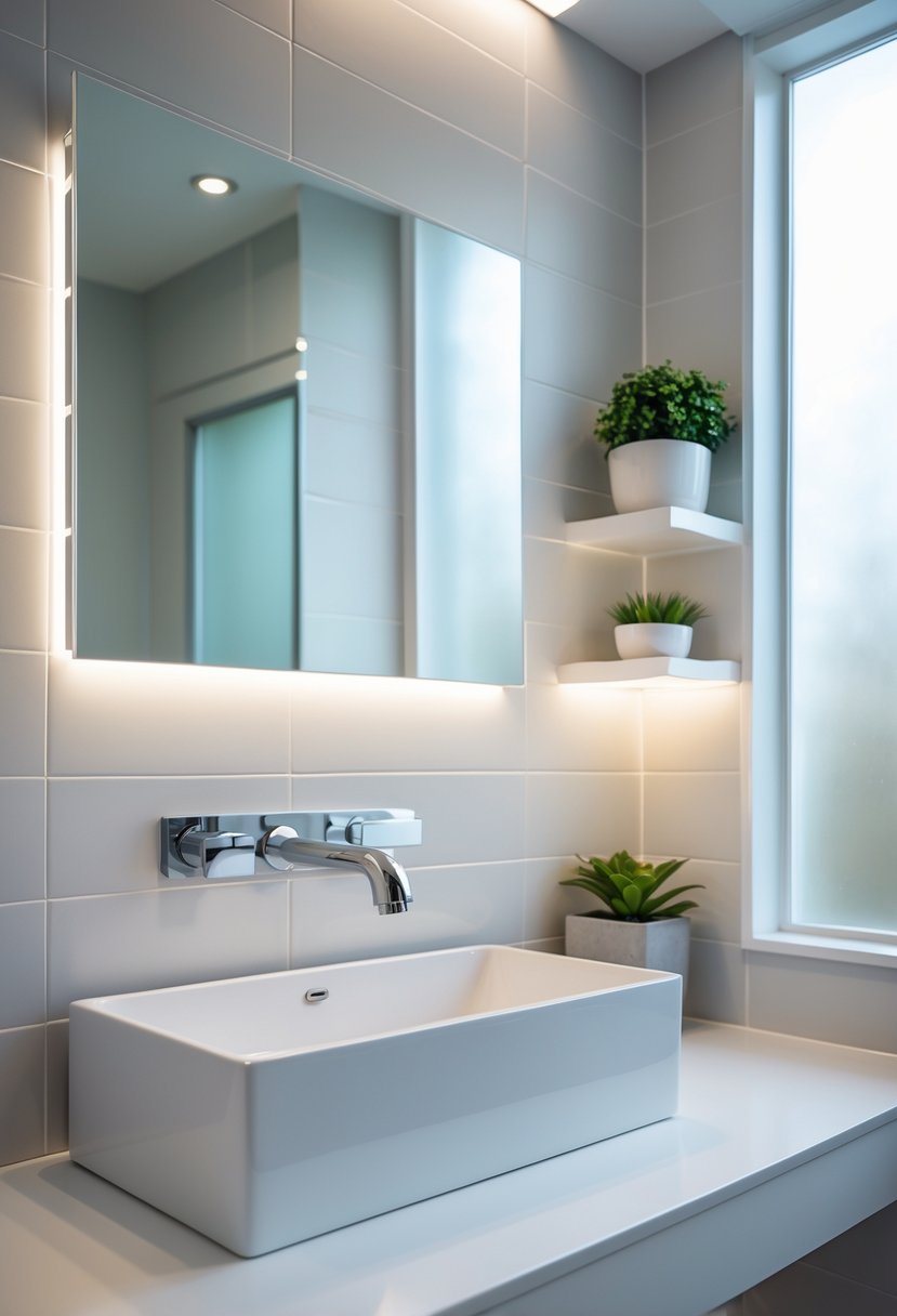 v2 11kkaa 1fdg6 A small bathroom with a wall-mounted faucet above a white sink and a clear countertop, featuring a floating shelf with a small plant and soft natural light.