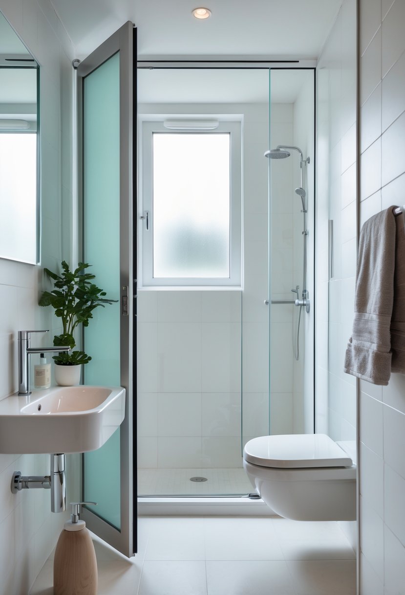 v2 11kkat j70rm A small modern bathroom with a pocket door, a sink, a mirror, and a shower area, well-lit with natural light.