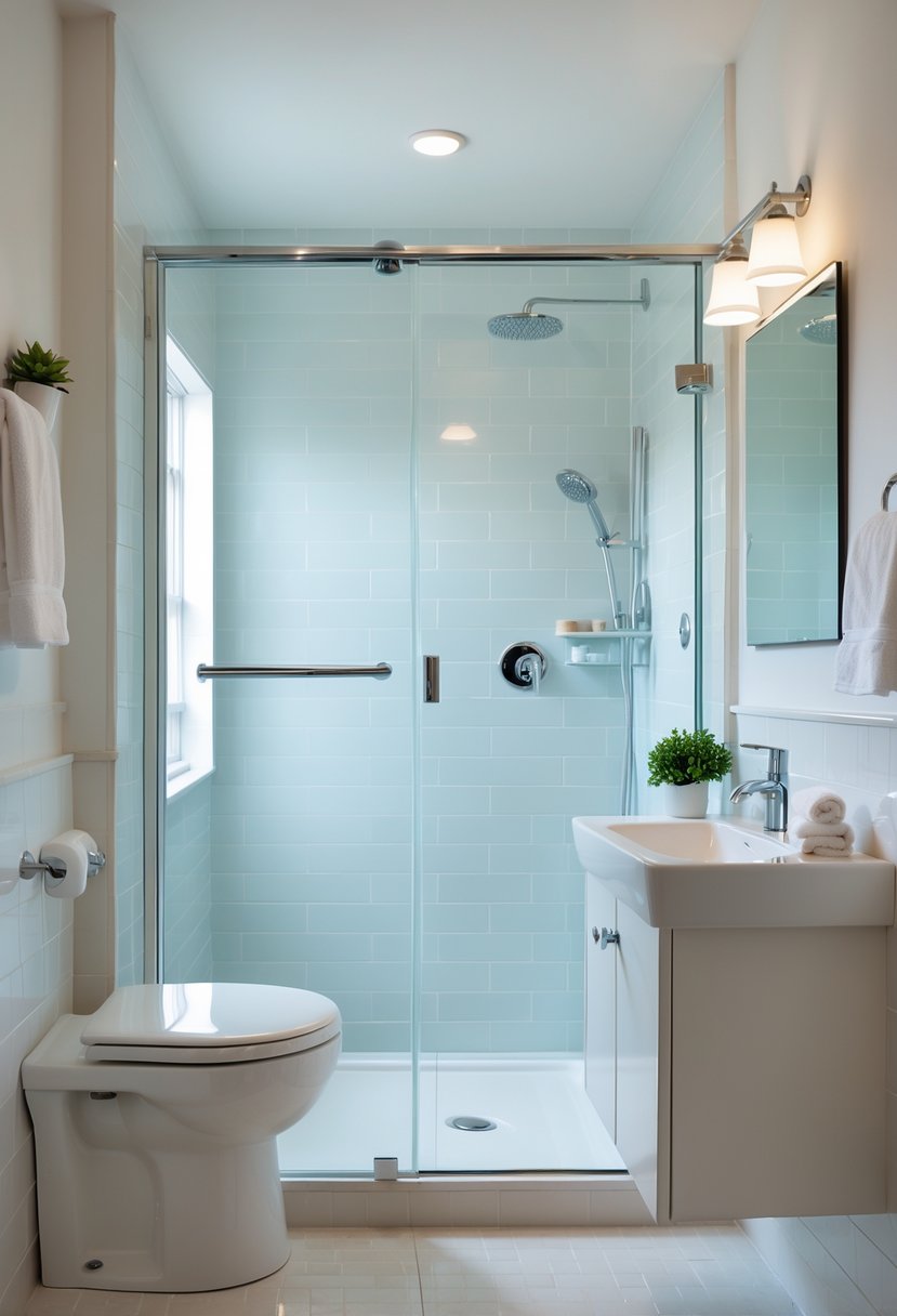 v2 11kkba j00gm Small bathroom with clear glass shower doors, a white vanity, and tiled walls and floor.