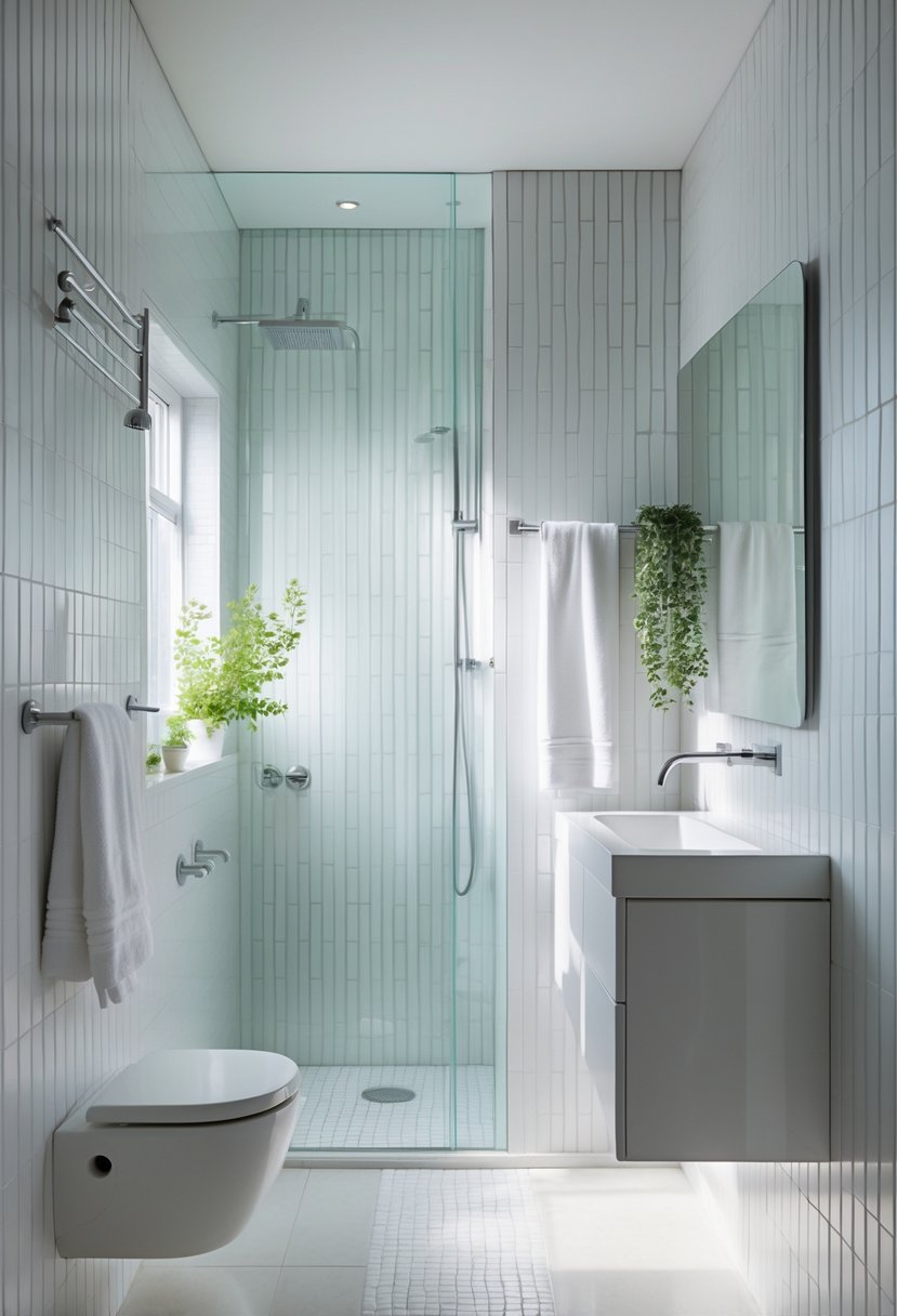 v2 11kkbq A small bathroom with vertical tile patterns on the walls, a walk-in shower with glass doors, a wall-mounted sink, and a large mirror reflecting natural light.