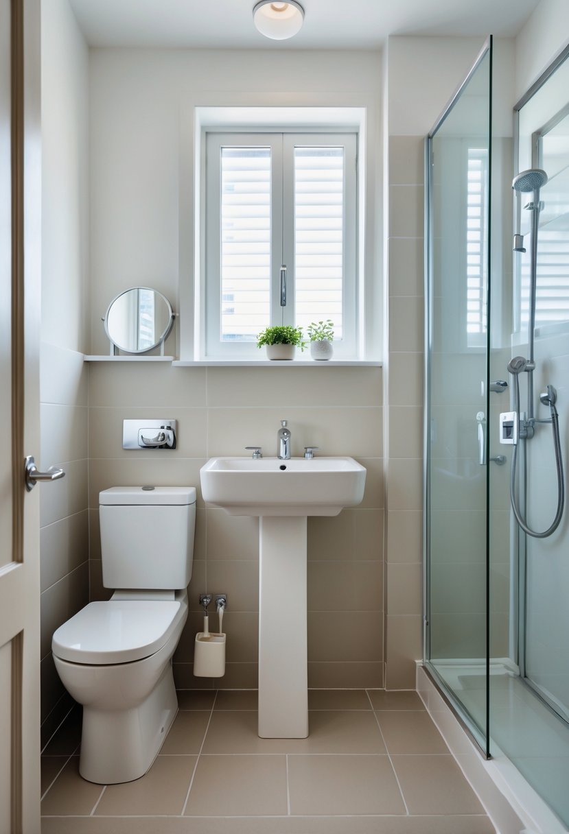 v2 11kkcr 4swdk A small bathroom with a compact white pedestal sink, a toilet, and a glass shower, all arranged to save floor space.